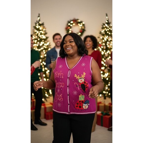 Bah Hum Bug Size 2X Knit Sweater Vest Ugly Christmas Embroidered Snowflakes - Picture 10 of 12